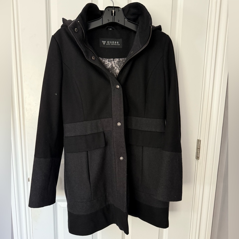 Guess Black Hooded Wool Blend Coat